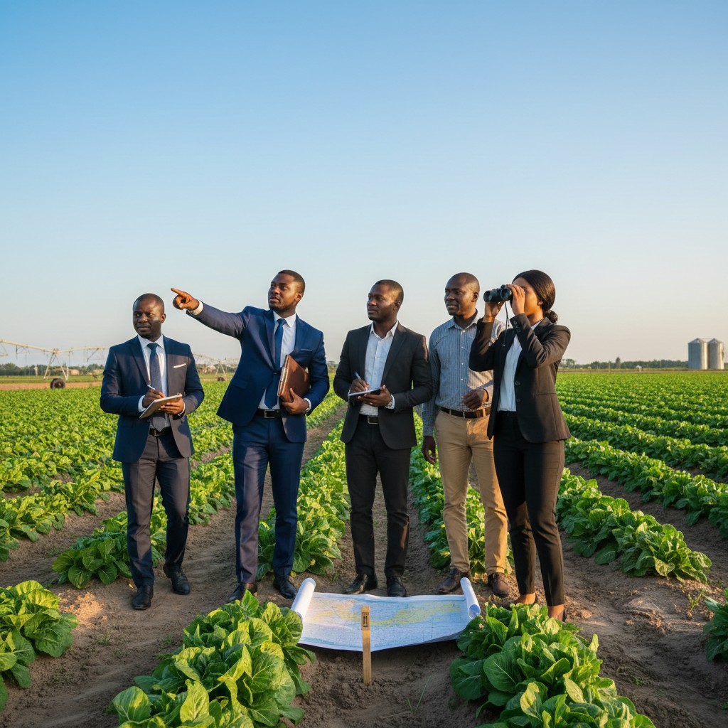 Nigerian agribusiness professionals surveying farmland