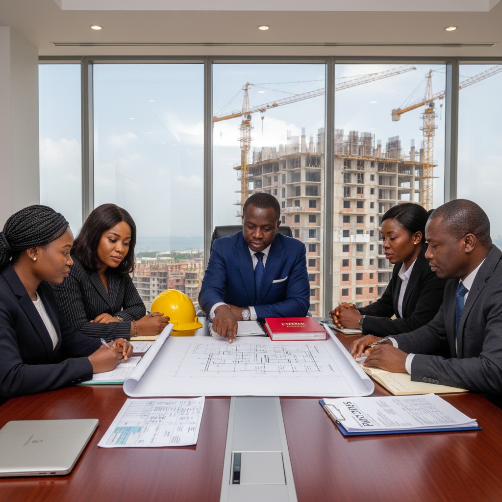 Construction legal advisory team reviewing blueprints with building site in background