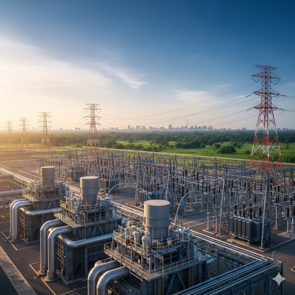 Nigerian power station and electrical grid infrastructure at sunrise